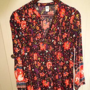 OLD NAVY Floral Boho Dress M Long Sleeves Tie Strings Pleated Bodice